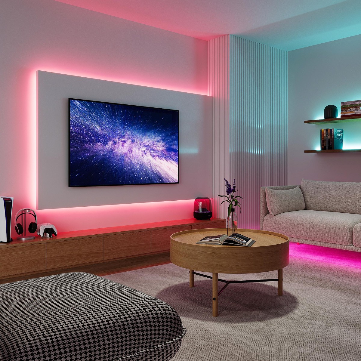 Nepřímé osvětlení LED páskem za televizí